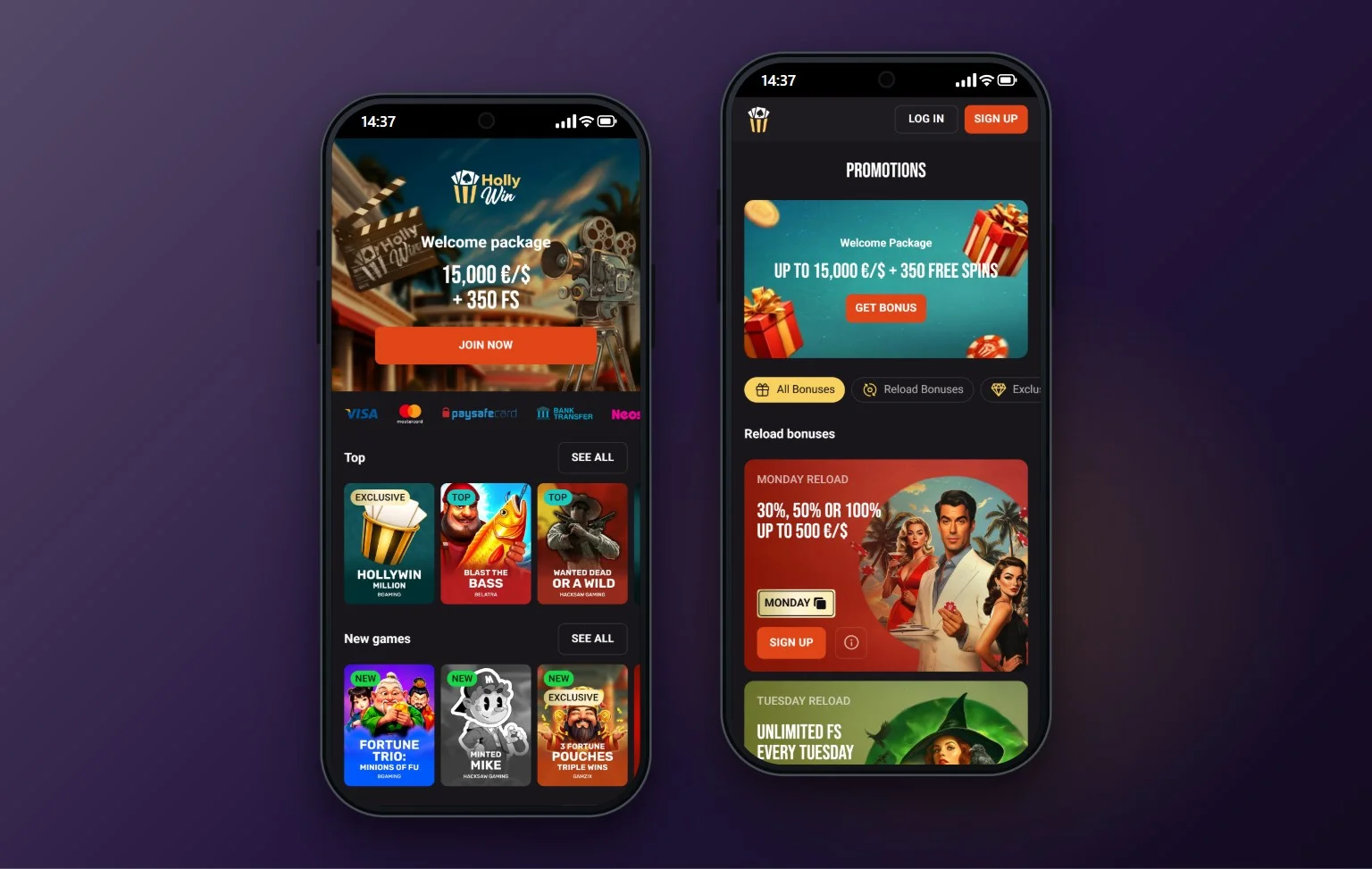 skrill casinos: de homepage van casino Hollywin