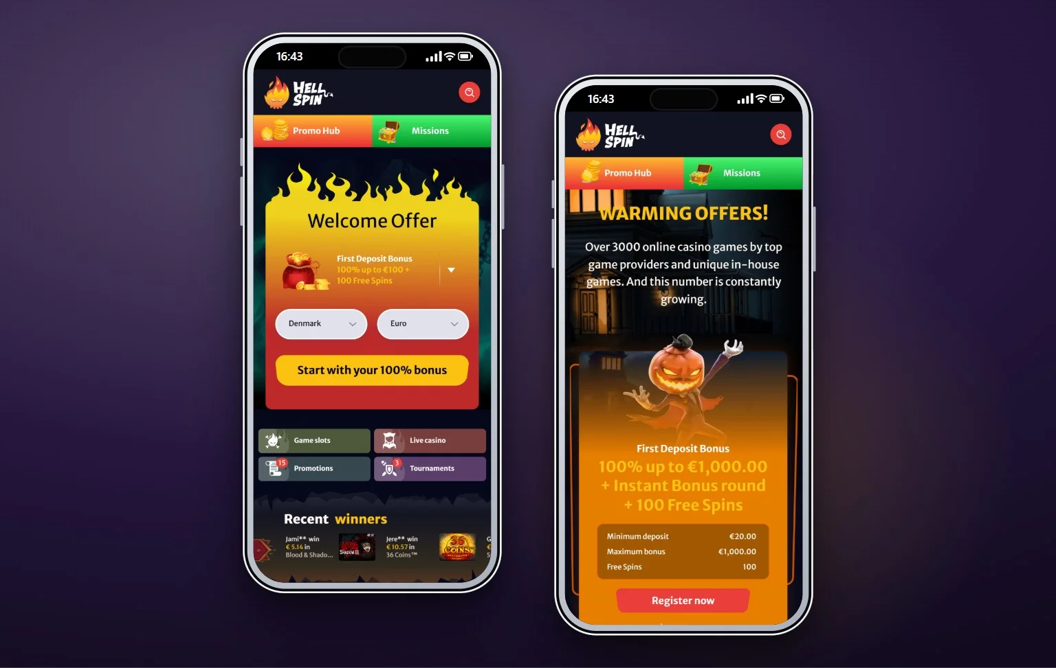 casinoer med Skrill: forsiden på casinoet HellSpin