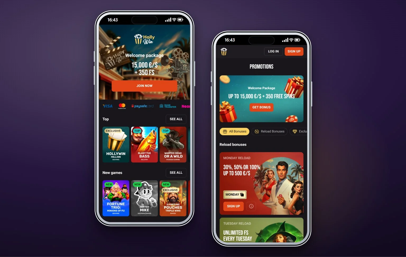 online casino med Skrill: forsiden på casinoet Hollywin